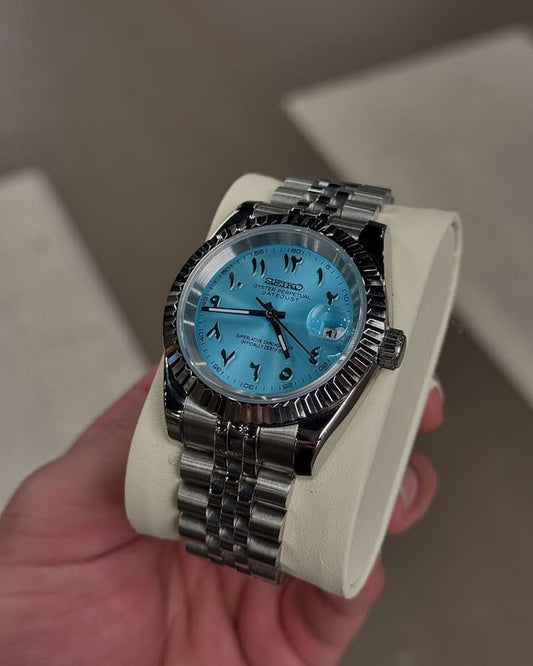 Premium Sky Blue Day-Date Watch – Arabic Dial Edition