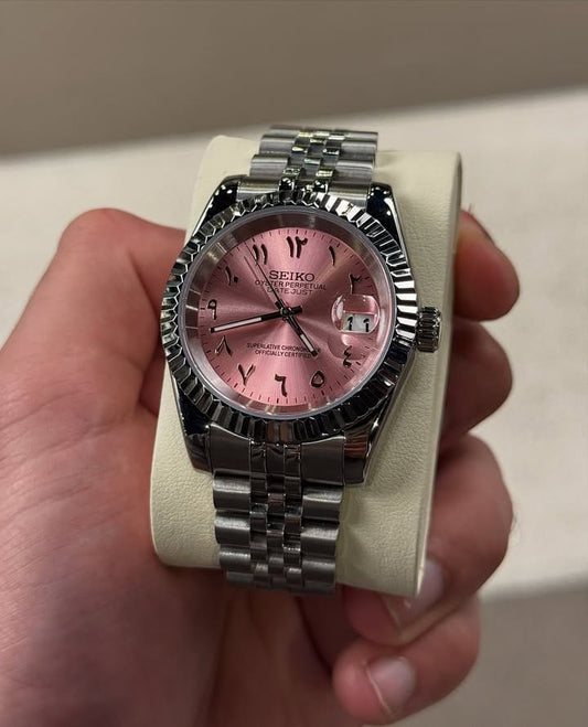 Premium Baby Pink Day-Date Watch – Arabic Dial Edition