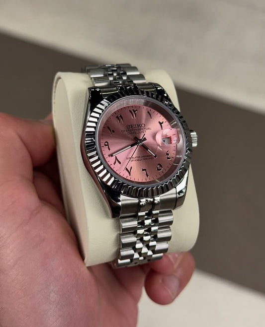 Premium Baby Pink Day-Date Watch – Arabic Dial Edition